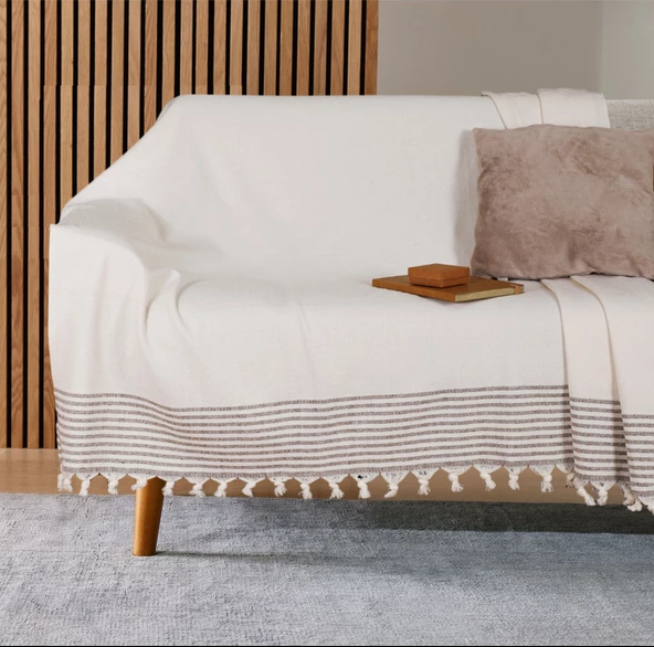 Buldan İşi Kaymaz Pamuklu Koltuk Örtüsü 170x210 Cm Koltuk Şalı Çekyat Kanepe Örtüsü - KREM KAHVE ürün görseli 1