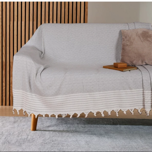 Buldan İşi Kaymaz Pamuklu Koltuk Örtüsü 170x210 Cm Koltuk Şalı Çekyat Kanepe Örtüsü - AÇIK GRİ ürün görseli 1