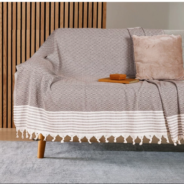 Buldan İşi Kaymaz Pamuklu Koltuk Örtüsü 170x210 Cm Koltuk Şalı Çekyat Kanepe Örtüsü - KAHVE ürün görseli 1