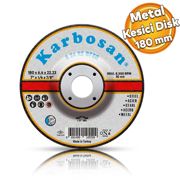 Karbosan Metal Kesici Taş Disk Taşlama Spiral Demir Kesme Diski 180x3.0x22.23 mm ürün görseli 1