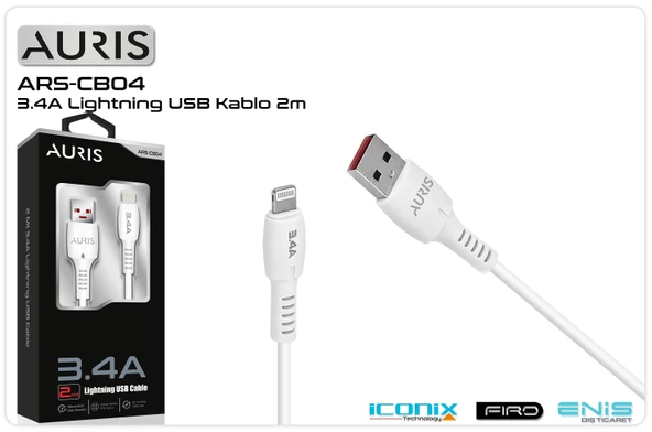 Data Ve Şarj Kablo İphone Lightning 2 Mt 3.4 Amper Auris ARS-CB04 ürün görseli 1