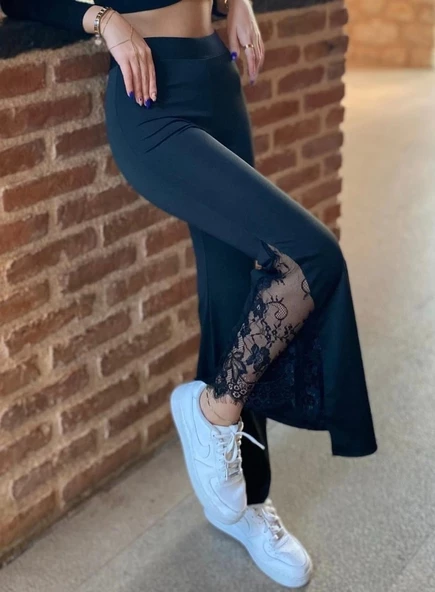 Kadın Dantel Eklemeli Ispanyol Paça Scuba Tayt Pantalon ürün görseli 1