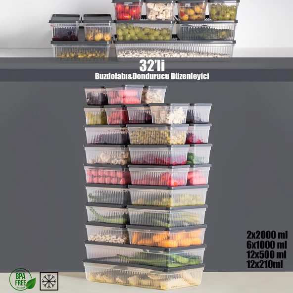 Porsima 2014 32'li Buzluk Buzdolabı Düzenleyici Derin Dondurucuya Uygun Bakliyat Saklama Kabı Seti -Antrasit ürün görseli 1