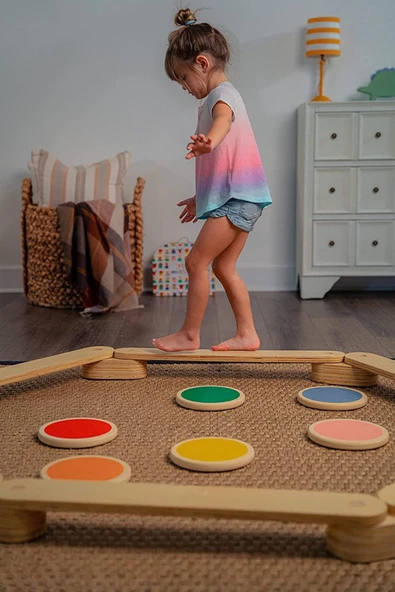 Galery Wood Montessori Ahşap Denge Kirişi, Denge Tahtası, Basamak Taşları, Aktivite Çocuk Oyuncağı(5 SOPA 5 TAŞ) ürün görseli 1