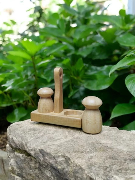 Şık Bambu Tuzluk Biberlik Seti Standlı - Resim 3