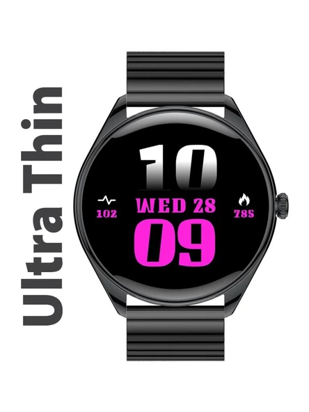 Logia Ultra Thin Akıllı Saat Yuvarlak Çelik Kasa Metal Kordon Siyah ürün görseli 1