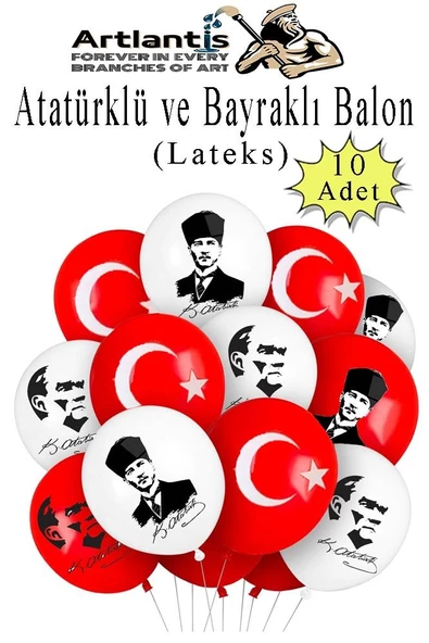 Atatüklü ve Bayraklı Balon 10 Adet Ata Balon Süsleme 29 Ekim 23 Nisan Kırmızı Beyaz Balon Bayrak Balon Bayram ürün görseli 1