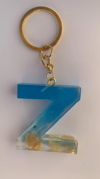 Deniz Mavisi Renk Gold Taşlı Gold Aksesuarlı Z Harfi Şekil Epoksi Anahtarlık El Yapımı Hediyelik ürün görseli 1