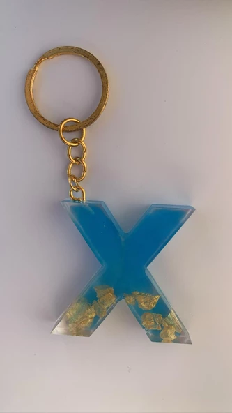 Deniz Mavisi Renk Gold Taşlı Gold Aksesuarlı X Harfi Şekil Epoksi Anahtarlık El Yapımı Hediyelik ürün görseli 1