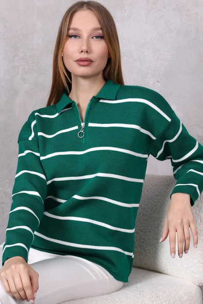 Kadın Polo Yaka Oversize Çizgili Fermuarlı Triko Kazak Yeşil ürün görseli 1