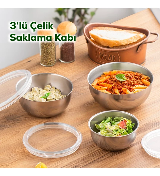 3 Adet Şeffaf Sızdırmaz Kapaklı Paslanmaz Çelik Saklama Kabı Seti ürün görseli 1