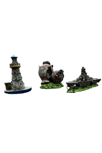canlipetshop Mini Akvaryum Dekor Seti 3 Lü Set -Savaş Gemisi Anfora Deniz Feneri ürün görseli 1