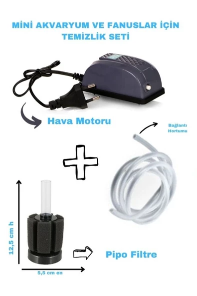 canlipetshop Mini Akvaryum Ve Fanuslar İçin Temizlik Sistemi (Hava motoru+Hortum+Pipo Filtre) Komple set ürün görseli 1