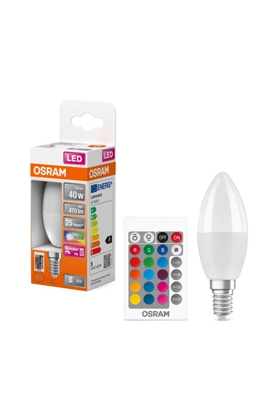Osram Led 4.9W RGBW 470lm E14 Duy 15 Farklı Renk ve Sarı Işık Kumandalı Ampul ürün görseli 1
