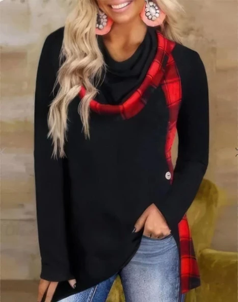 Kadın Dökümlü Yaka Ekose Detay Asimetrik Kesim Tunik ürün görseli 1