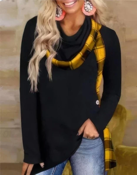 Kadın Dökümlü Yaka Ekose Detay Asimetrik Kesim Tunik ürün görseli 1