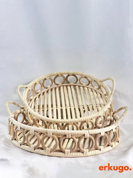 2 Adet %100 El Yapımı Tepsi, Doğal Rattan Tepsi, Sunum Tepsisi BH24494 ürün görseli 1