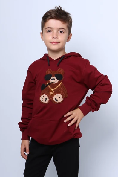 ERKEK ÇOCUK KAPŞONLU SWEAT AYICIK BASKILI CEPLİ C29 ürün görseli 1
