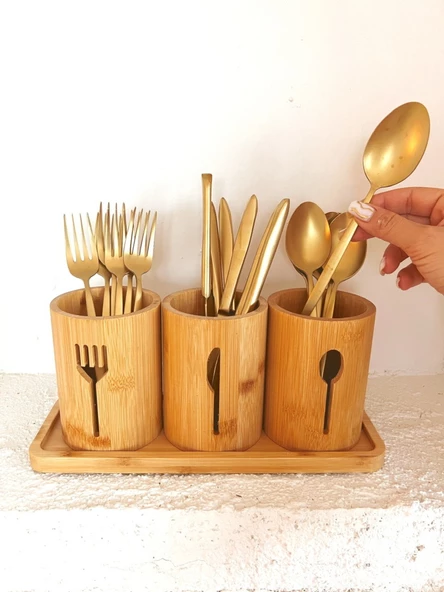 Bambu Altlıklı 3'lü Çatal Kaşık Bıçak Düzenleyici Set 4 Parça ürün görseli 1
