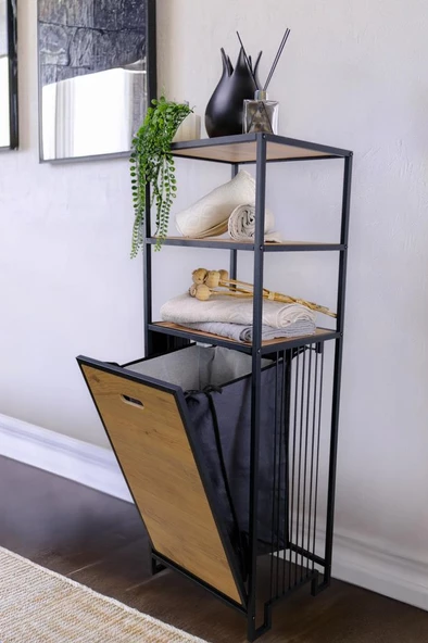 Digitho Metal Kirli Sepetli 3 Raflı Çok Amaçlı Banyo Düzenleyici Raf Organizer Siyah/Atlantik Çam – MRS-008 C1-1-369 ürün görseli 1