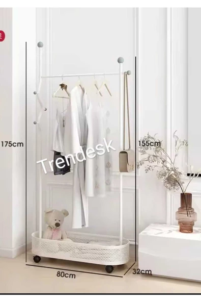 TRENDESK Ayaklı Beyaz  Konfeksiyon Askısı Metal  Elbise Askılığı Oval  Sepetli askılık Tekerlekli 175 cm 6006 ürün görseli 1