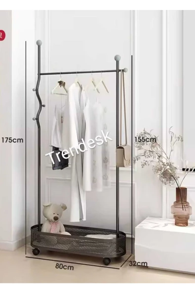 TRENDESK Ayaklı Siyah  Konfeksiyon Askısı Metal  Elbise Askılığı Oval  Sepetli askılık Tekerlekli 175 cm 6007 ürün görseli 1