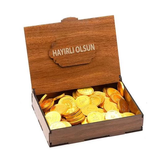 Sevdiklerinize Özel Ahşap Hediye Kutusunda Para Çikolata ( Hayırlı Olsun Yazılı ) ürün görseli 1