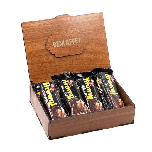 Sevdiklerinize Özel Ahşap Hediye Kutusunda 4 Adet Browni Intense ( Beni Affet Yazılı ) ürün görseli 1