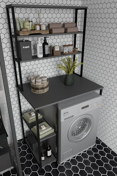 Çamaşır Makinası Dolabı Çamaşır Makinası Üstü Çok Raflı Düzenleyici Metal Banyo Dolabı Antrasit ürün görseli 1