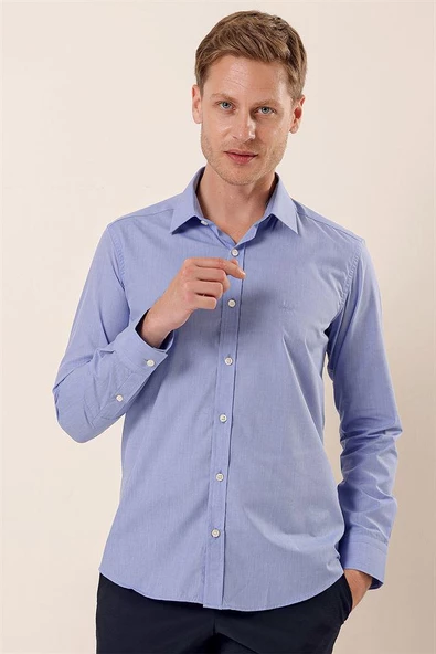 Mavi Uzun Kollu Filafil Desen Filafil Sert Yaka Cepsiz Pamuklu Basic Slim Gömlek 1004230907 ürün görseli 1