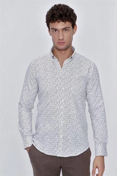 Koyu Bej Uzun Kol Baskılı Balıksırtı Düğmeli Yaka  Pamuklu Slim Fit Dar Kesim Klasik Gömlek 1004225911 ürün görseli 1