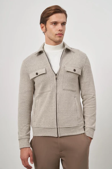 Bej Örme Bebe Yaka Kendinden Desenli Yırtmaçsız Astarsız Slim Fit Classic Mont 1007245158 ürün görseli 1