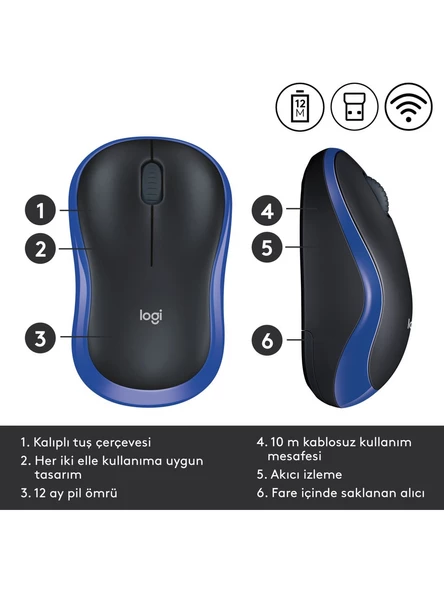 Logitech M185 910-002236 Mavi Optik Kablosuz Mouse - Resim 3
