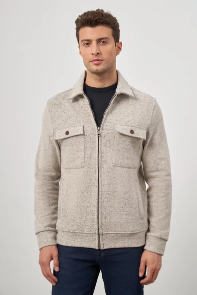 Bej Örme Bebe Yaka Kendinden Desenli Yırtmaçsız Astarsız Slim Fit Classic Mont 1007245156 ürün görseli 1