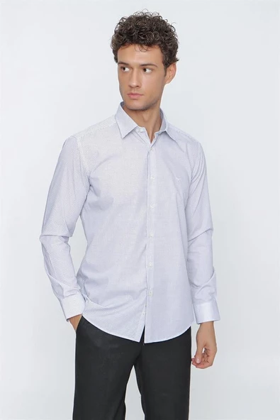 Koyu Lacivert Uzun Kol Baskılı Biritli Yaka  Slim Fit Dar Kesim Klasik Gömlek 1004220922 ürün görseli 1