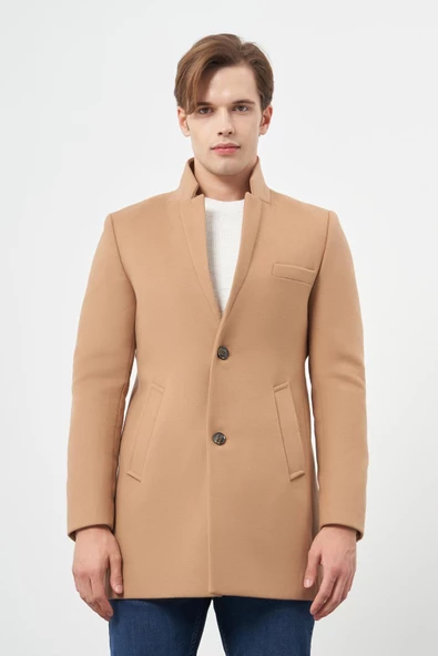 Camel Kaşe Dik Yaka Kapitoneli Astar Slim Fit Dar Kesim Klasik Kaban 1008245171 ürün görseli 1