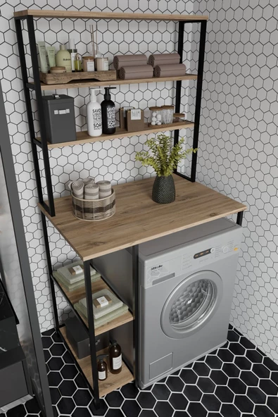 Çamaşır Makinası Dolabı Çamaşır Makinası Üstü Çok Raflı Düzenleyici Metal Banyo Dolabı Meşe ürün görseli 1