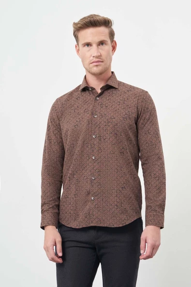 Kahverengi Uzun Kol Yarım İtalyan Yaka Cepsiz Pamuklu Classic Slim Fit Gömlek 1004245222 ürün görseli 1