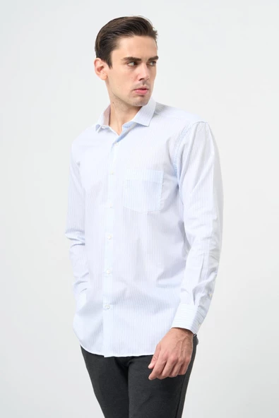 Beyaz Uzun Kol Desen Yarım İtalyan Yaka Cepli Pamuklu Classic Comfort Fit Gömlek 1004245184 ürün görseli 1
