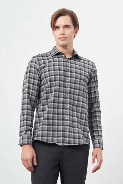 Füme Uzun Kol Ekose Desen Gabardin Sert Yaka Cepli Pamuklu Classic Comfort Fit Gömlek 1004245169 ürün görseli 1