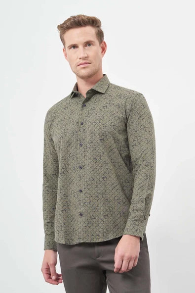Haki Uzun Kol Yarım İtalyan Yaka Cepsiz Pamuklu Classic Slim Fit Gömlek 1004245222 ürün görseli 1
