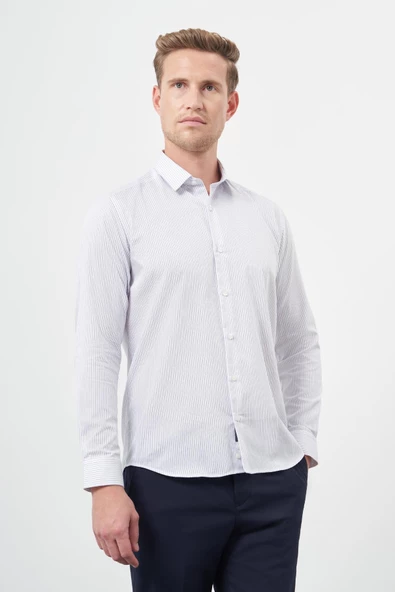 Beyaz Uzun Kol Çizgili Desen Gabardin Sert Yaka Cepsiz Pamuklu Classic Slim Fit Gömlek 1004245205 ürün görseli 1