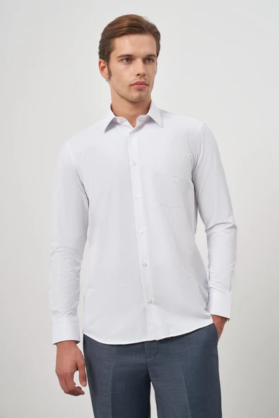 Beyaz Uzun Kol Kendinden Armürlü Cepli Pamuklu Classic Comfort Fit Gömlek 1004245155 ürün görseli 1