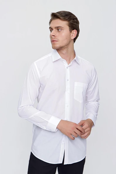Beyaz Uzun Kol Düz Bez Ayağı 041 Sert Yaka Basic Comfort Fit Gömlek 1004245051 ürün görseli 1