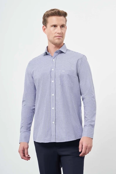 Lacivert Uzun Kol Kazayağı Desen Yarım İtalyan Cepli Classic Comfort Fit Gömlek 1004245189 ürün görseli 1