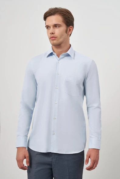 Mavi Uzun Kol Kendinden Desenli Armürlü Sert Yaka Classic Comfort Fit Gömlek 1004245154 ürün görseli 1