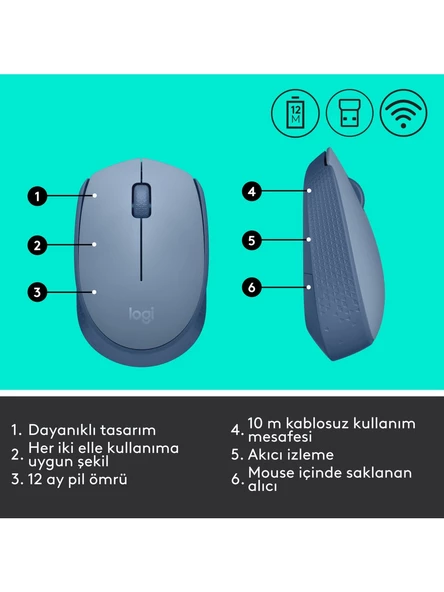 Logitech M171 910-006866 Mavi-Gri Optik Kablosuz Mouse - Resim 5