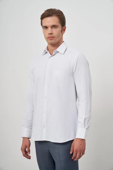 Beyaz Uzun Kol Kareli Desen Bez Ayağı Sert Yaka Cepli Pamuklu Classic Comfort Fit Gömlek 1004245163 ürün görseli 1