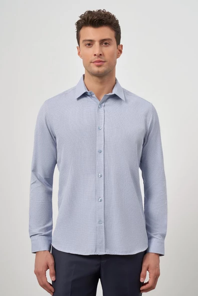 Mavi Uzun Kol Kendinden Armürlü Cepsiz Pamuklu Classic Slim Fit Gömlek 1004245161 ürün görseli 1