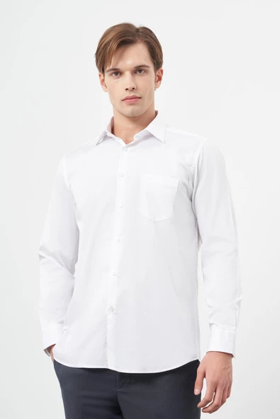 Beyaz Uzun Kol Düz Bez Ayağı Sert Yaka Classic Comfort Fit Gömlek 1004245323 ürün görseli 1